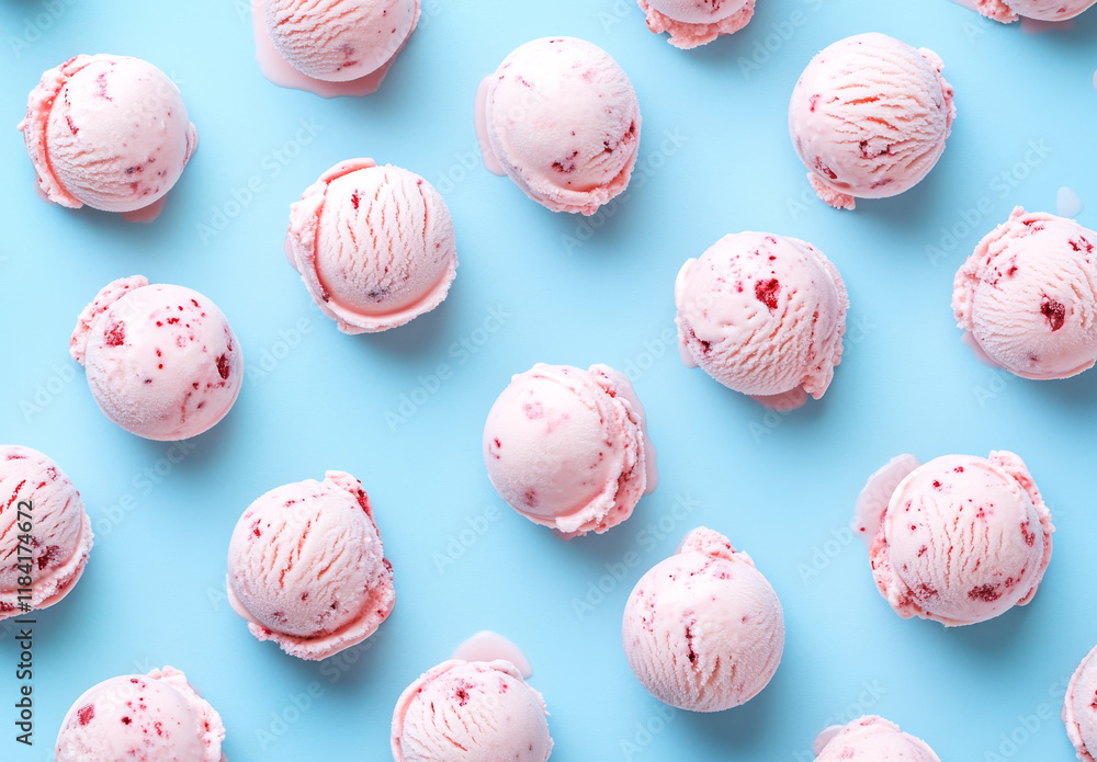 Soft and creamy scoops of strawberry ice cream are beautifully placed on a vibrant blue surface, showcasing their swirled textures and inviting colors perfect for a warm day Soft and creamy scoops of strawberry ice cream are beautifully placed on a vibrant blue surface, showcasing their swirled textures and inviting colors perfect for a warm day