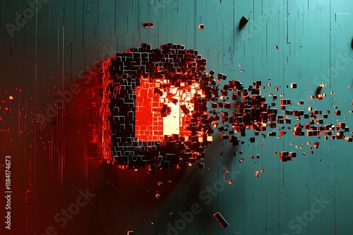 A digital lock icon breaking apart into pixels, symbolizing a data vulnerability or cybersecurity breach.