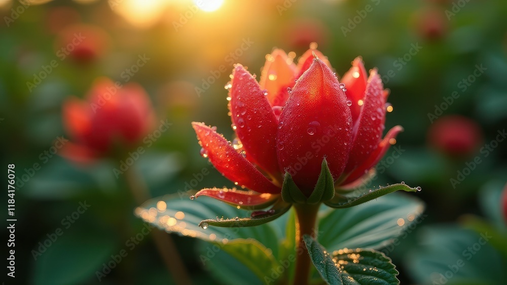 Obraz premium Vibrant Red Bloom with Dewdrops in a Sunlit Garden
