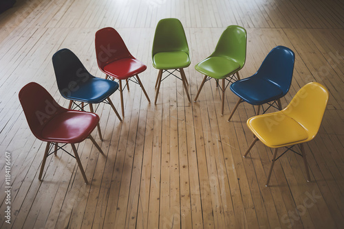 Colorful chairs in semicircle vibrant, inclusive community setting photo