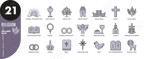 Set of Religion, Christianity thin line icons with light purple fill. Cross, resurrection, church, prayer, Noah's ark, dove, angel, star, Bible, rosary, scripture, commandments, chalice, vector
