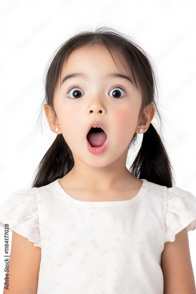Surprised Child with Open Mouth and Pigtails Against White Background Surprised Child with Open Mouth and Pigtails Against White Background