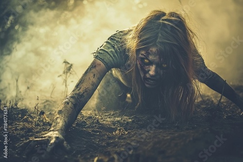 Terrifying Zombie Woman Crawls Through Smoky Apocalypse Scene photo