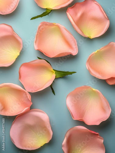 Wallpaper Mural Scattered peach rose petals on a blue background, ideal for romantic or beauty themes Torontodigital.ca