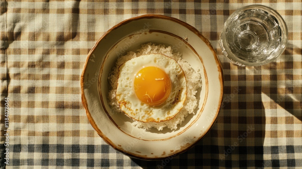Top-down view of fried egg on rice in a ceramic dish with a glass of water placed on a checkered tablecloth.