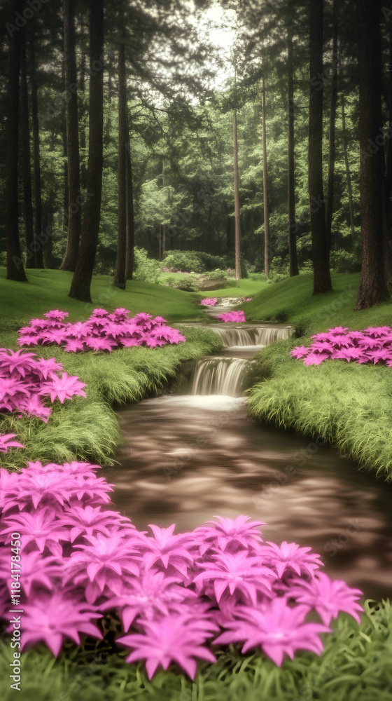 Serene forest stream, pink flowers, lush greenery, tranquil waterfall background; ideal for nature, serenity, calmness, and peace themes Serene forest stream, pink flowers, lush greenery, tranquil waterfall background; ideal for nature, serenity, calmness, and peace themes