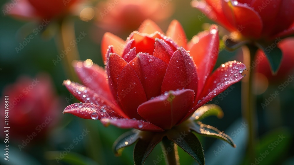 Vibrant Red Bloom with Dewdrops in a Sunlit Garden
Vibrant Red Bloom with Dewdrops in a Sunlit Garden