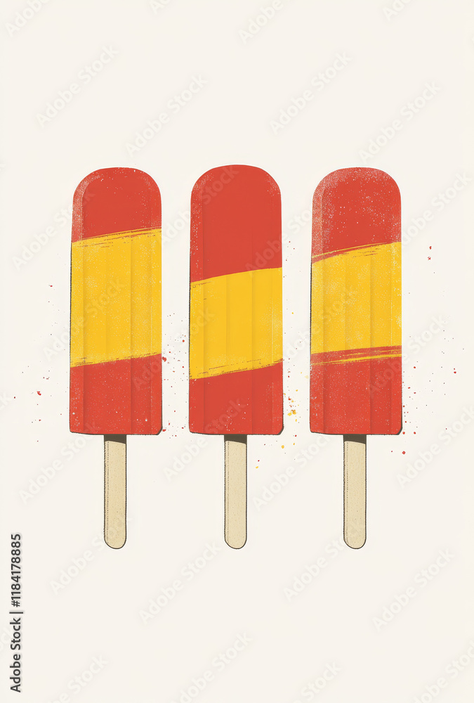Three vibrant popsicles with red and yellow stripes stand side by side against a pale background. Their bright colors invite feelings of summer, joy, and nostalgic treats enjoyed during warm days Three vibrant popsicles with red and yellow stripes stand side by side against a pale background. Their bright colors invite feelings of summer, joy, and nostalgic treats enjoyed during warm days