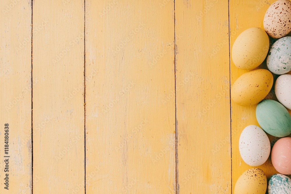 Various colored eggs, including yellow, green, white, pink, and speckled, placed vertically along the right side of a yellow wooden background. Various colored eggs, including yellow, green, white, pink, and speckled, placed vertically along the right side of a yellow wooden background.