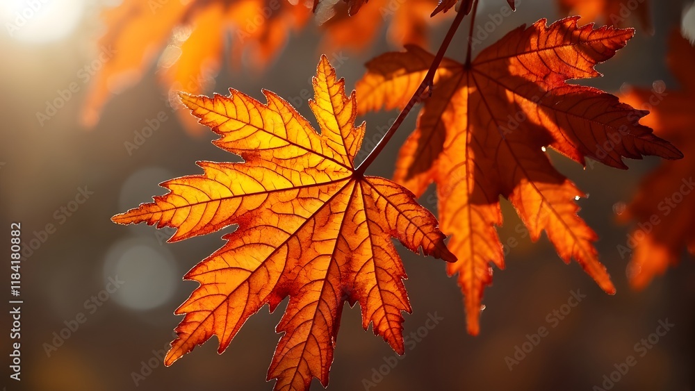 Vibrant Autumn Leaves Close-up, Sunlit Maple Leaf with Intricate Texture and Warm Color Palette Vibrant Autumn Leaves Close-up, Sunlit Maple Leaf with Intricate Texture and Warm Color Palette