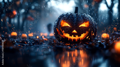 Spooky Halloween Pumpkin in the Rain: A Creepy Nighttime Scene photo