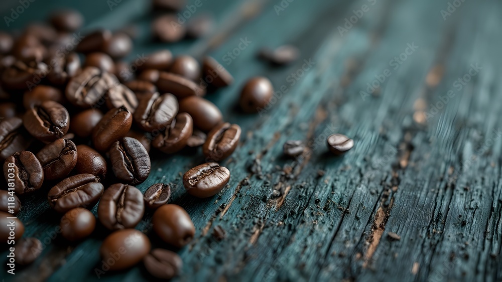 Artisan Coffee Beans Scattered on Teal Wood, Rich Texture Coffee Background Image