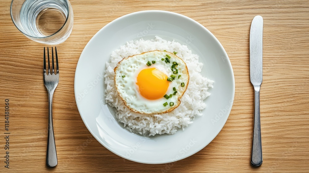 Top view of a meal featuring fried egg and rice on a white plate with a glass of water beside it on a wooden surface. Top view of a meal featuring fried egg and rice on a white plate with a glass of water beside it on a wooden surface.