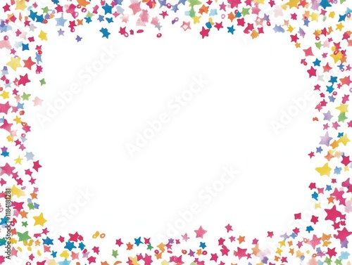 Colorful star confetti border on white background