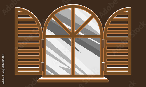 Arched wooden window with translucent shutters. Flat icon, vector illustration