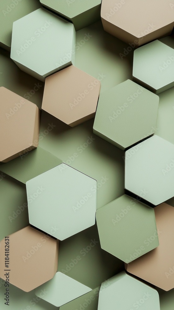 An intricate arrangement of overlapping hexagons brings together soft sage green and gentle peach tones. The geometric form evokes a sense of calmness and modernity in design An intricate arrangement of overlapping hexagons brings together soft sage green and gentle peach tones. The geometric form evokes a sense of calmness and modernity in design
