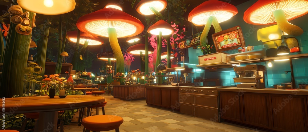 Enchanted fantasy forest bar with glowing mushroom lights. Perfect for magical, whimsical, or surreal themes. Ideal for nightlife, fantasy, or event backgrounds. Enchanted fantasy forest bar with glowing mushroom lights. Perfect for magical, whimsical, or surreal themes. Ideal for nightlife, fantasy, or event backgrounds.
