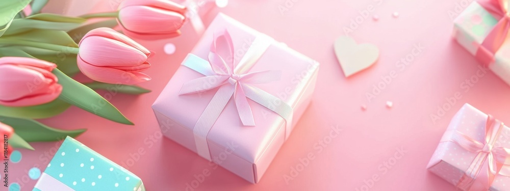Elegant pink tabletop arrangement featuring tulips and wrapped gift boxes in pastel colors with a heart-shaped card Elegant pink tabletop arrangement featuring tulips and wrapped gift boxes in pastel colors with a heart-shaped card