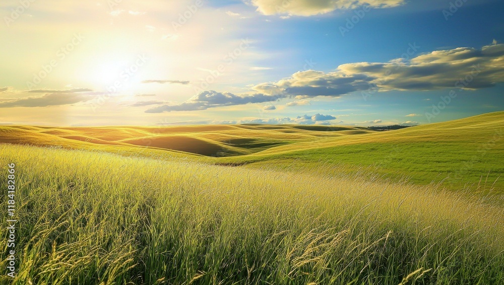 Golden Sunset Illuminates Rolling Green Hills and Prairie Grass Golden Sunset Illuminates Rolling Green Hills and Prairie Grass