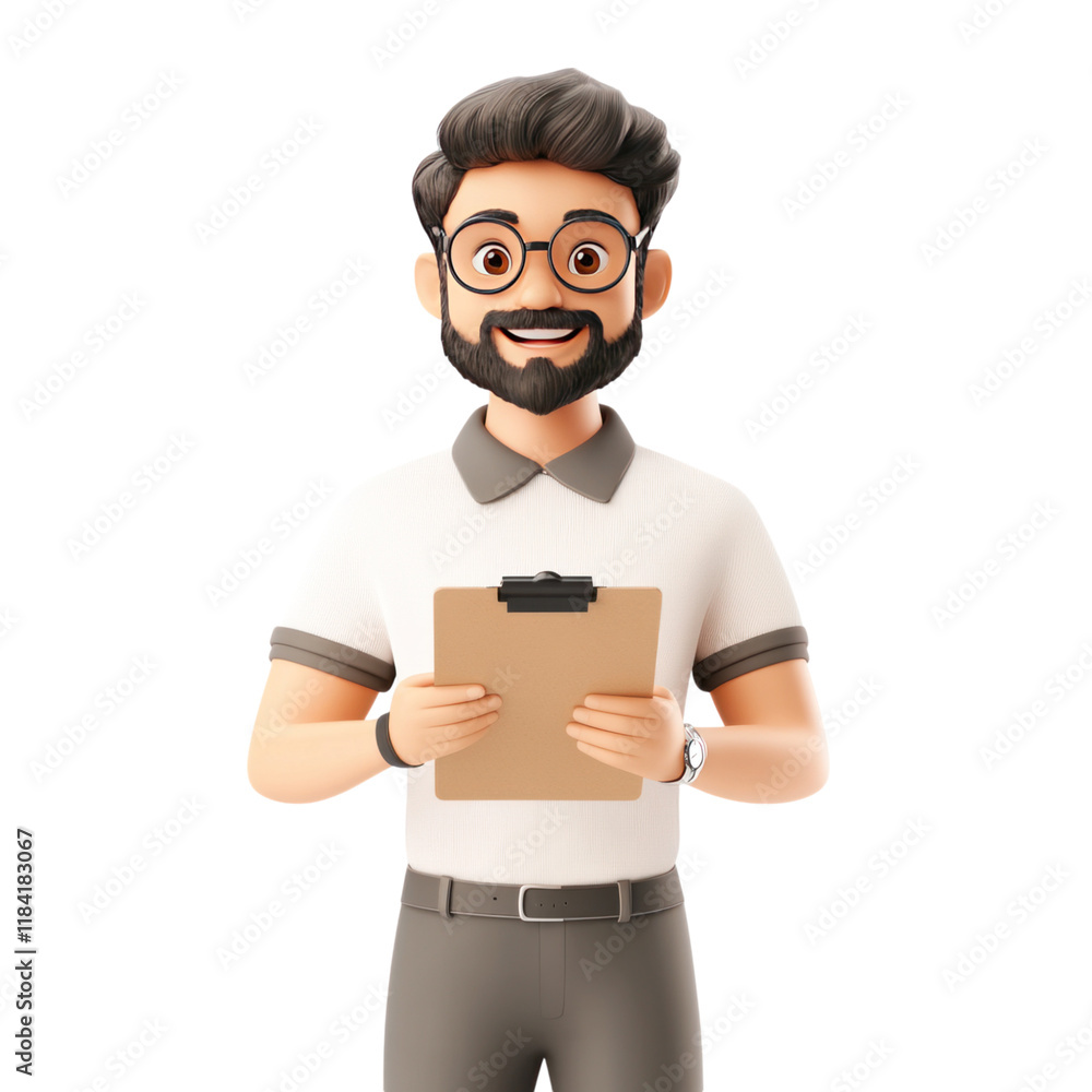 Cheerful customer support worker holding clipboard, ready to assist