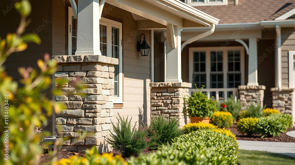 Exterior view of two tan houses with stone pillars, showcasing large windows and landscaping featuring green shrubs and yellow flowers. Houses have covered porches. Exterior view of two tan houses with stone pillars, showcasing large windows and landscaping featuring green shrubs and yellow flowers. Houses have covered porches.