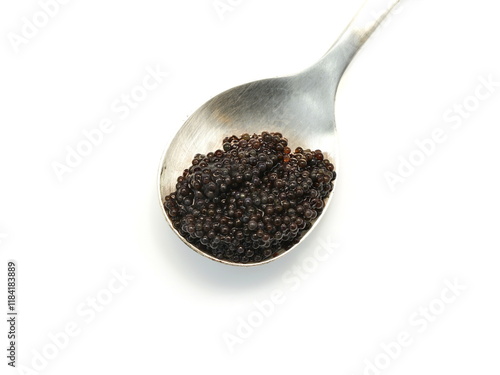 Black Caviar Isolated, Sturgeon, Sevruga, Beluga Caviare, Luxury Seafood, Expensive Gourmet Delicatessen, Black Caviar on White Background photo