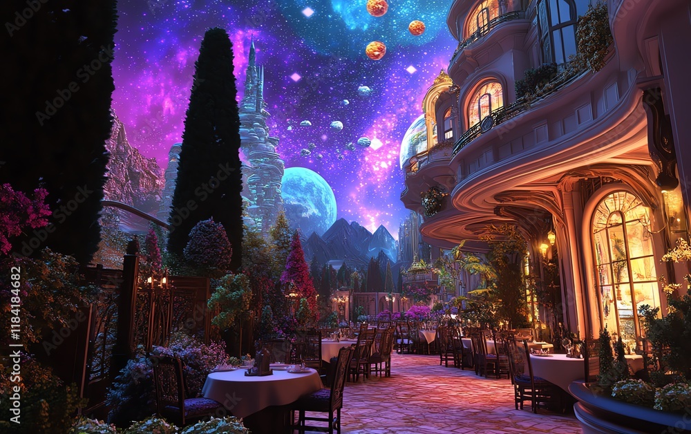 Enchanted outdoor cafe under a vibrant, cosmic sky. Fantasy architecture, magical atmosphere, celestial bodies, and lush landscaping. Enchanted outdoor cafe under a vibrant, cosmic sky. Fantasy architecture, magical atmosphere, celestial bodies, and lush landscaping.