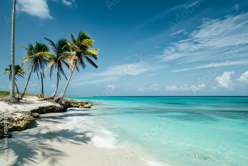 Fototapeta Naklejka Na Ścianę i Meble -  Idyllic beach scene with several palm trees leaning towards a pristine white sand beach and a stunning turquoise ocean under a vibrant blue sky.
