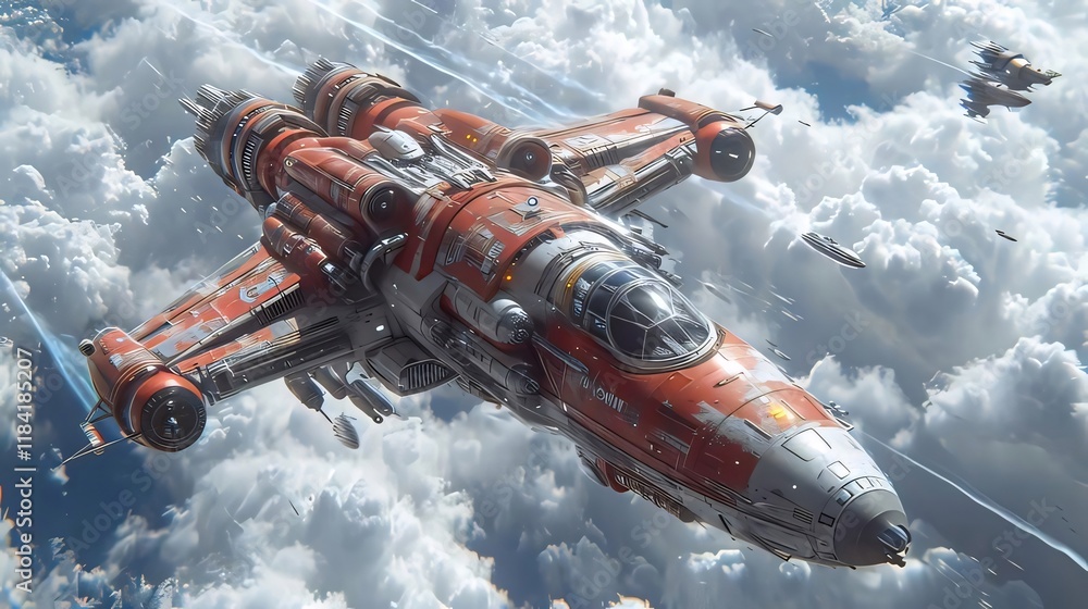 Red Spaceship Soaring Through Clouds. Red Spaceship Soaring Through Clouds.