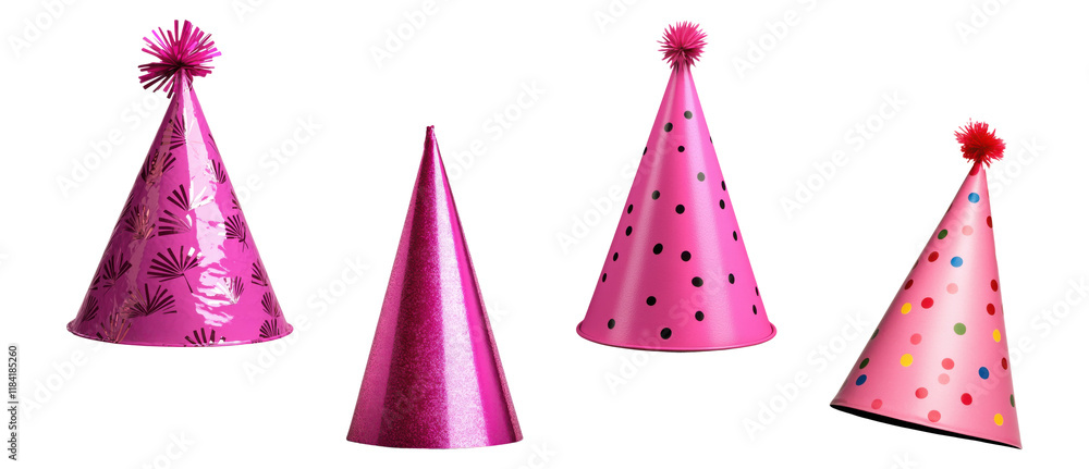 Obraz premium Set of pink party hats with glitter and polka dots, isolated on transparent background