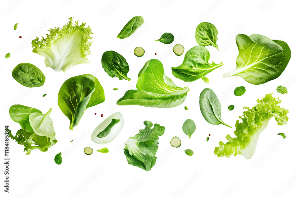 Assorted salad greens with curly lettuce, romaine, and baby spinach, floating on a white background, isolated with clipping path, ultra-clear textures, and perfect lighting Assorted salad greens with curly lettuce, romaine, and baby spinach, floating on a white background, isolated with clipping path, ultra-clear textures, and perfect lighting