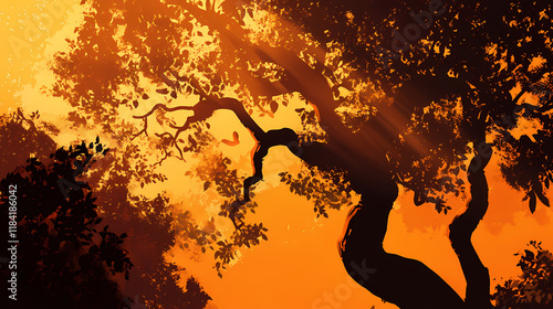 Tree orange backround. Sunshadow. Illustration photo