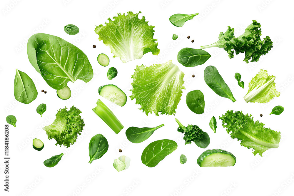 Assorted salad greens with curly lettuce, romaine, and baby spinach, floating on a white background, isolated with clipping path, ultra-clear textures, and perfect lighting Assorted salad greens with curly lettuce, romaine, and baby spinach, floating on a white background, isolated with clipping path, ultra-clear textures, and perfect lighting