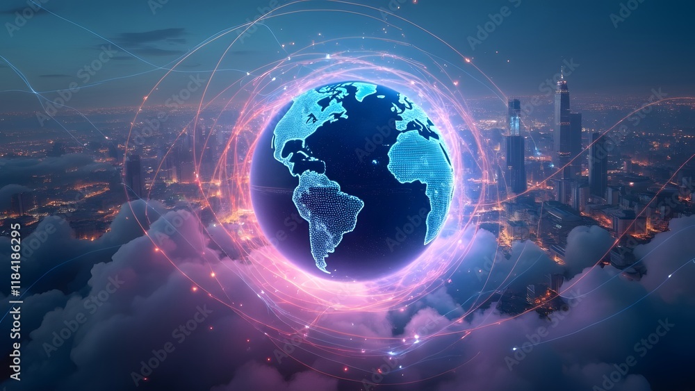 Iridescent Global Network, Glowing Orb Over Neon Cityscapes and Data Streams Iridescent Global Network, Glowing Orb Over Neon Cityscapes and Data Streams