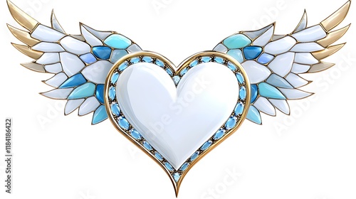 Angelic Heart with Wings   Gold  Blue   White Jewel Design photo