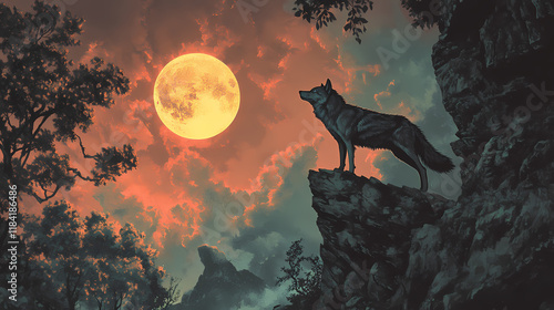 Wehraffe wolf howl moon night cliff sunshadow. Sunshadow. Illustration photo