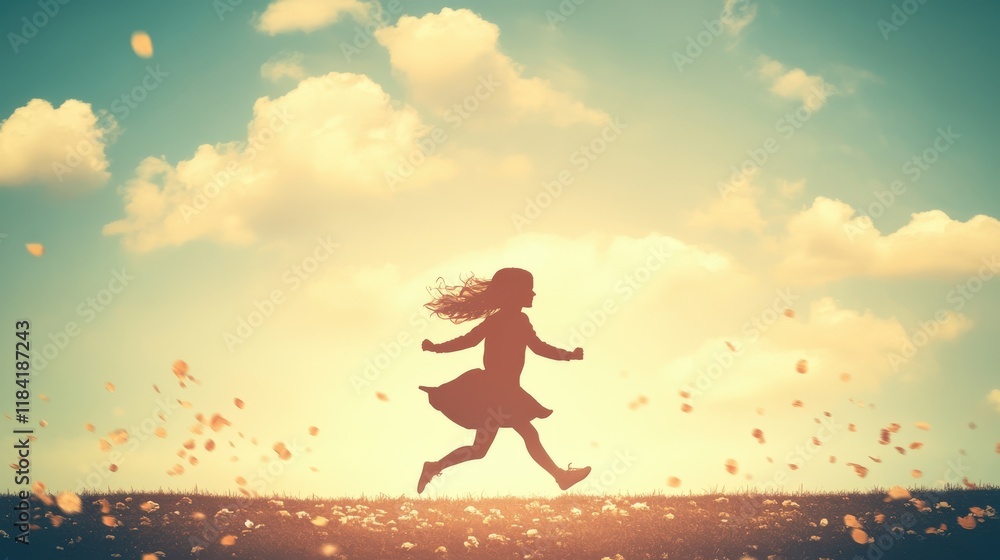 Girl Running Joyfully Across Field Under Blue Sky with Clouds Girl Running Joyfully Across Field Under Blue Sky with Clouds