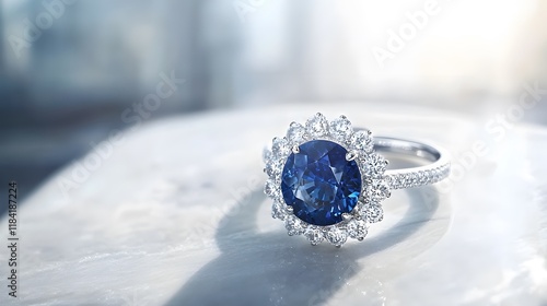 A platinum ring featuring a large blue sapphire surrounded by a halo of smaller diamonds on a textured surface