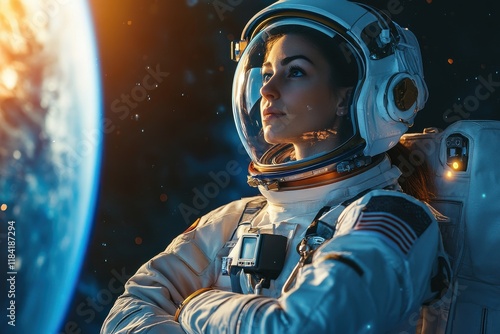 Fototapeta Naklejka Na Ścianę i Meble -  Female astronaut standing on International Space Station with Earth in the background