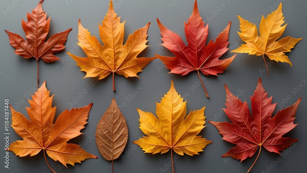 Collection of Gray Autumn Leaves, Vibrant Maple Leaves in Autumnal Hues Collection of Gray Autumn Leaves, Vibrant Maple Leaves in Autumnal Hues