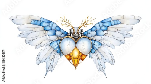 Watercolor Mechanical Heart with Wings  Steampunk  Fantasy  Angel  Insect
