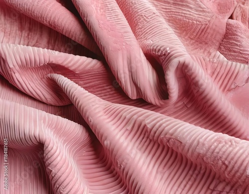 Pink textured fabric, draped, close-up, studio. photo