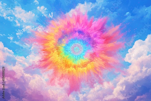 Vibrant swirl of colors radiates from center, blending with fluf photo