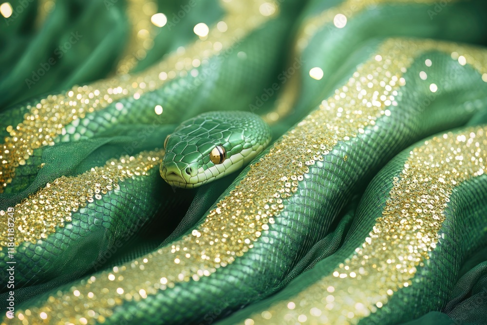 Fototapeta premium Emerald serpent blends seamlessly with shimmering fabric, exudin