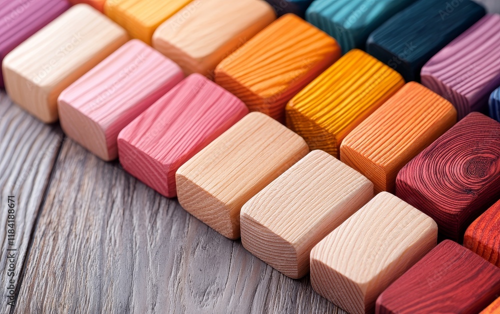 Colorful Wooden Blocks Arranged in a Row on Rustic Wooden Surface Colorful Wooden Blocks Arranged in a Row on Rustic Wooden Surface