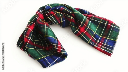 A vibrant plaid scarf draped elegantly, showcasing its warm fabric and stylish design. photo