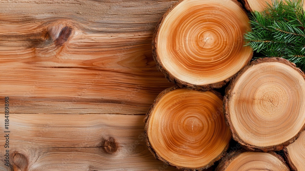 Rustic Wooden Background with Tree Rings and Pine Branch Natural Texture Rustic Wooden Background with Tree Rings and Pine Branch Natural Texture