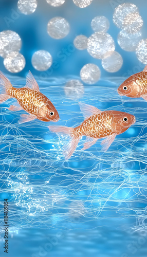 Three goldfish swim in an underwater scene with bokeh lights, suggesting tranquility and serenity, ideal for relaxation or aquatic themes photo