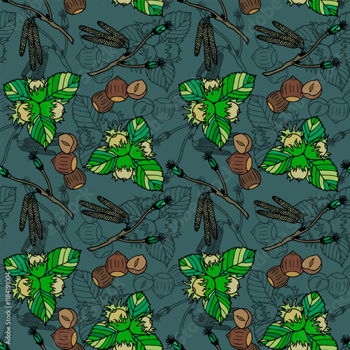 Seamless pattern of hazelnut clusters, green leaves, and catkin branches on a brown background. Hand-drawn botanical design for textile and wallpaper. Adobe Illustrator Artwork