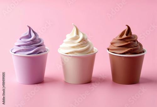 Three soft serve ice cream in paper cups on pink background photo